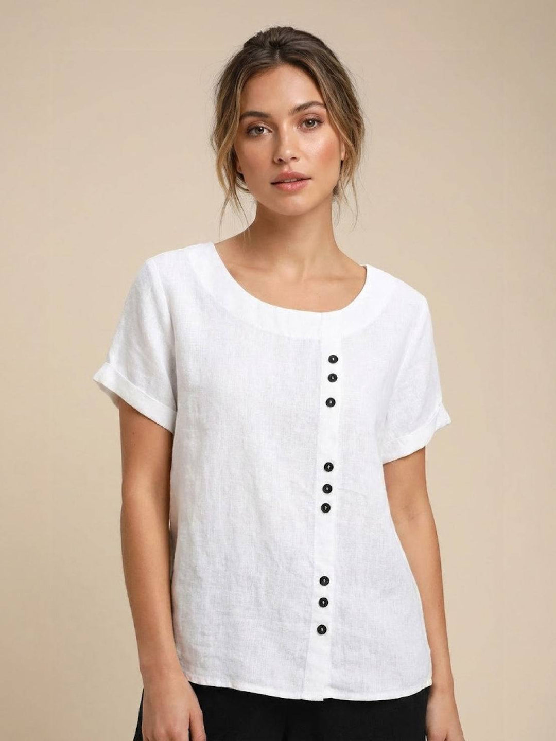 Fern | Damen bluse Kurzarm Rundhals Knopfdetail