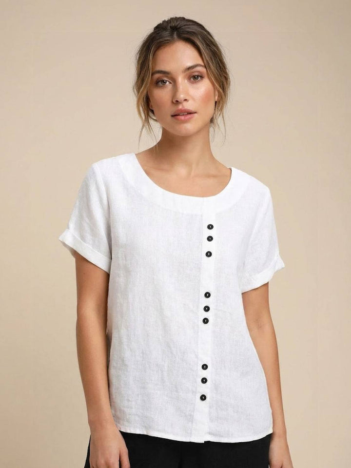 Fern | Damen bluse Kurzarm Rundhals Knopfdetail