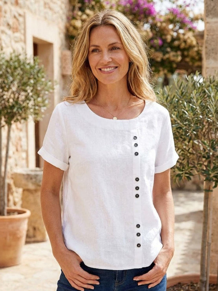 Fern | Damen bluse Kurzarm Rundhals Knopfdetail