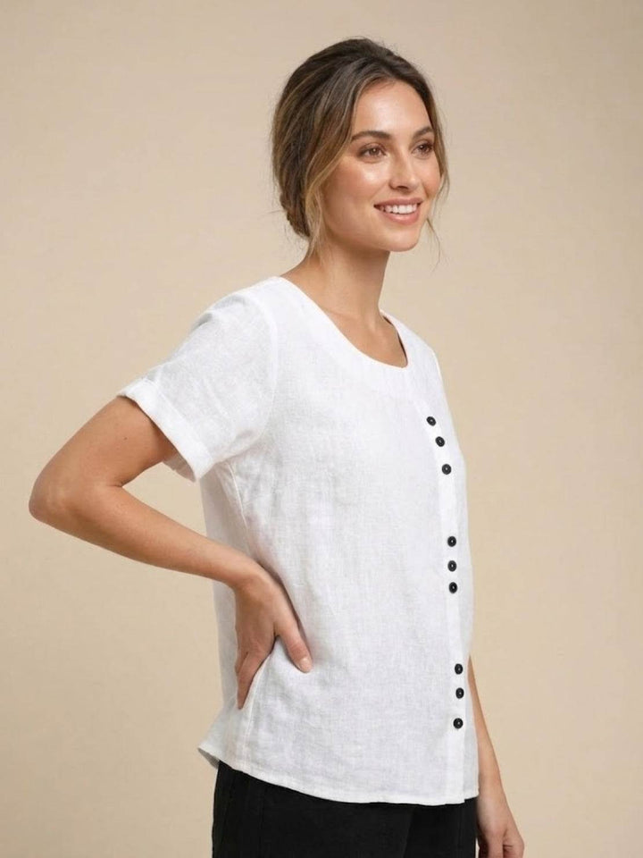Fern | Damen bluse Kurzarm Rundhals Knopfdetail