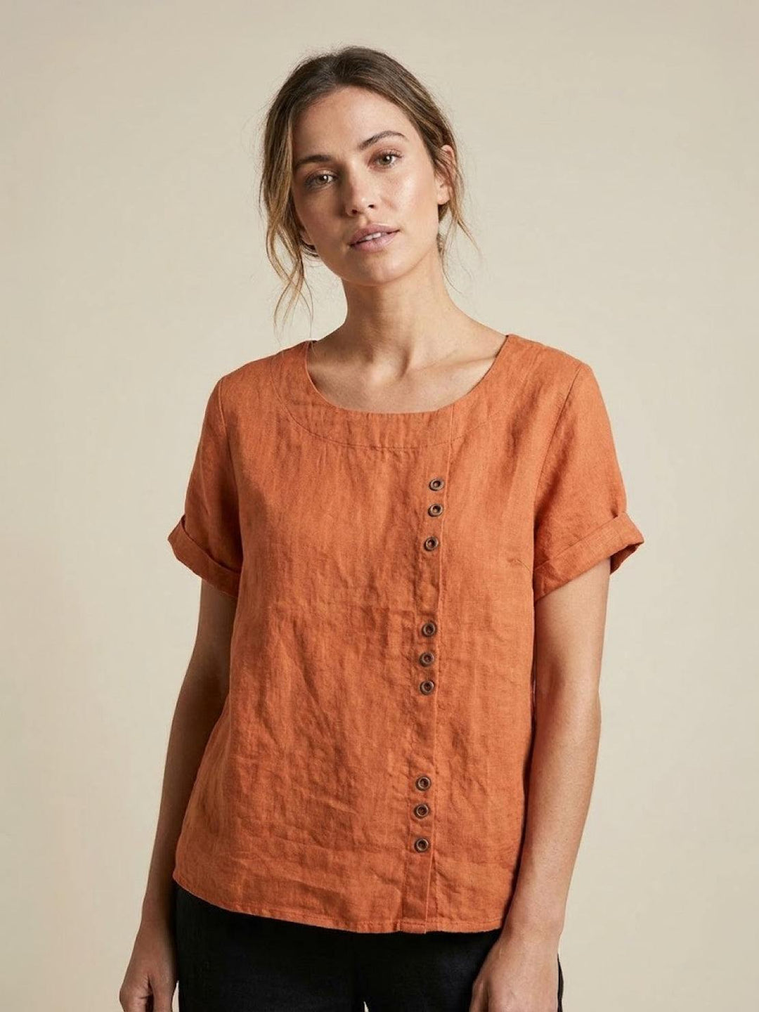 Fern | Damen bluse Kurzarm Rundhals Knopfdetail