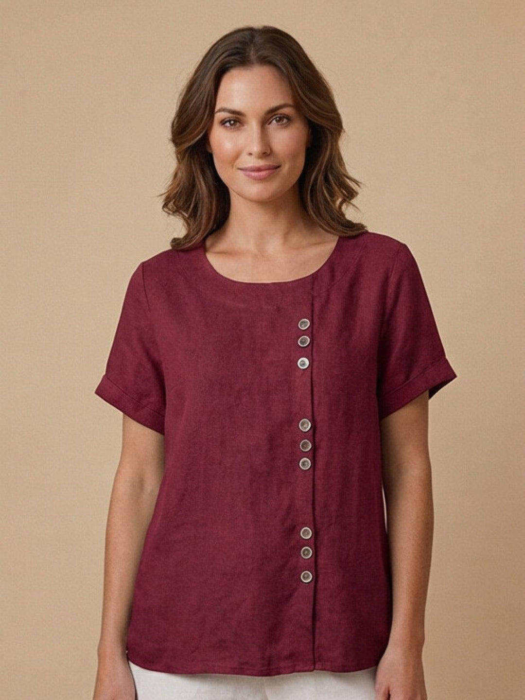 Fern | Damen bluse Kurzarm Rundhals Knopfdetail