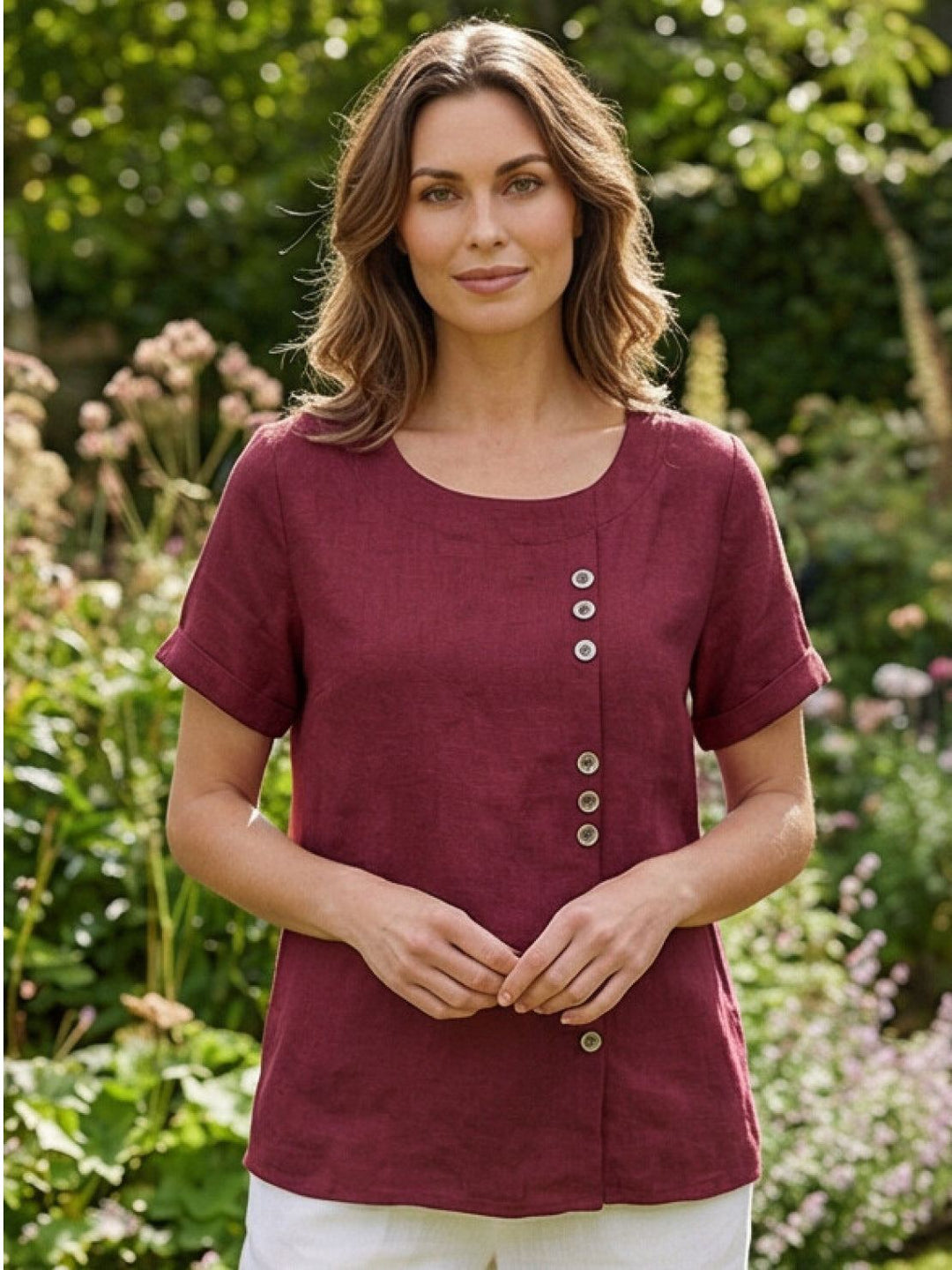 Fern | Damen bluse Kurzarm Rundhals Knopfdetail