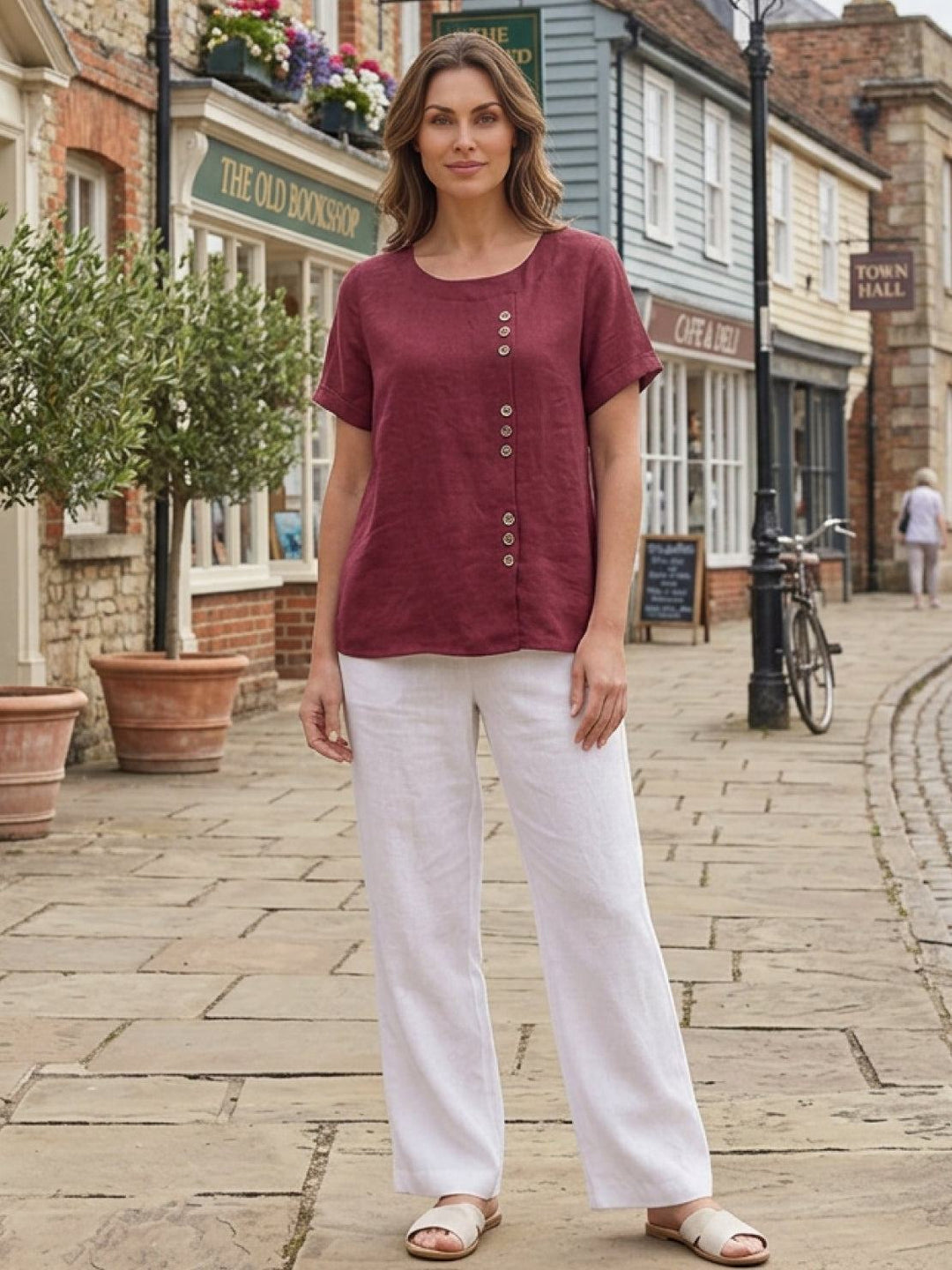 Fern | Damen bluse Kurzarm Rundhals Knopfdetail