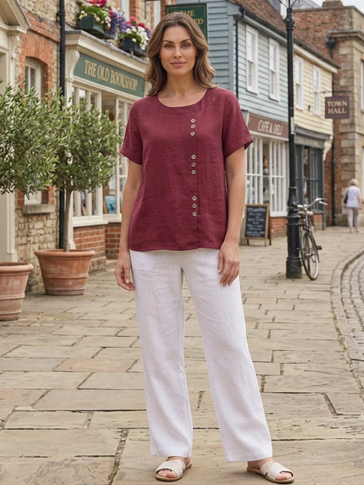 Fern | Damen bluse Kurzarm Rundhals Knopfdetail