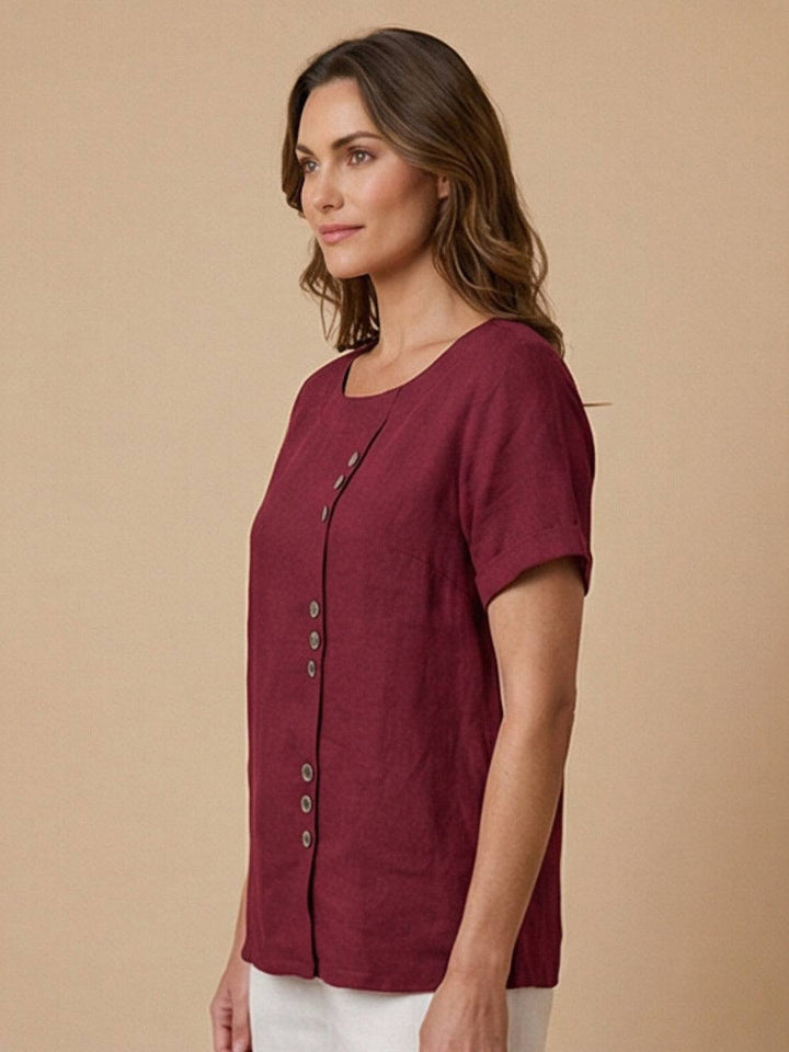 Fern | Damen bluse Kurzarm Rundhals Knopfdetail