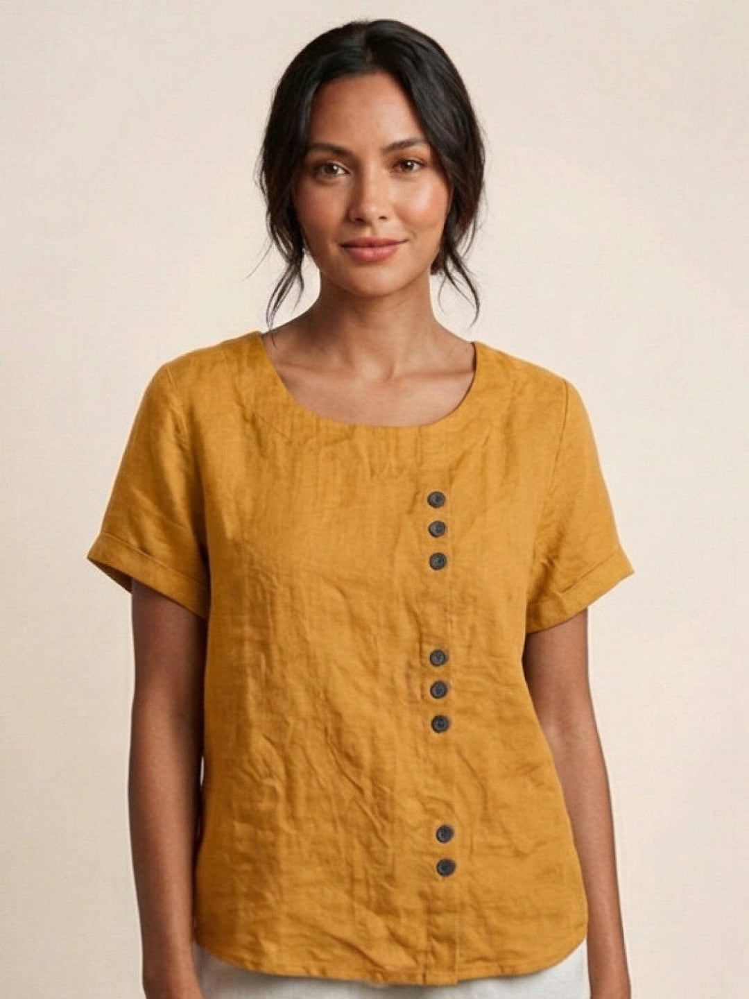 Fern | Damen bluse Kurzarm Rundhals Knopfdetail