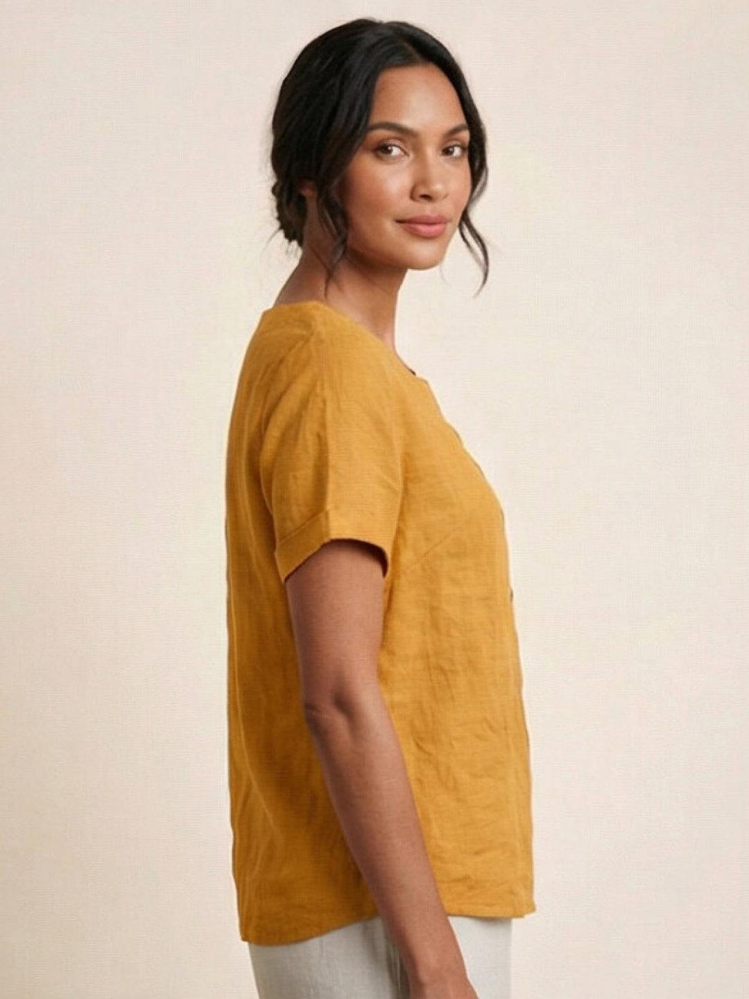 Fern | Damen bluse Kurzarm Rundhals Knopfdetail