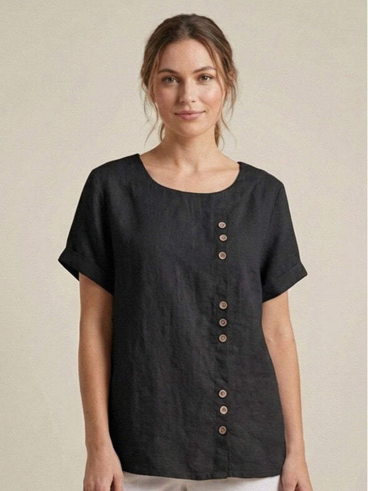 Fern | Damen bluse Kurzarm Rundhals Knopfdetail