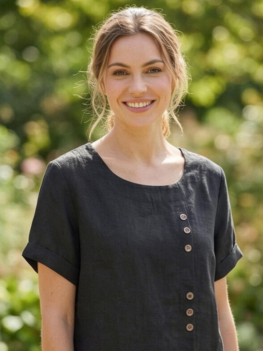 Fern | Damen bluse Kurzarm Rundhals Knopfdetail