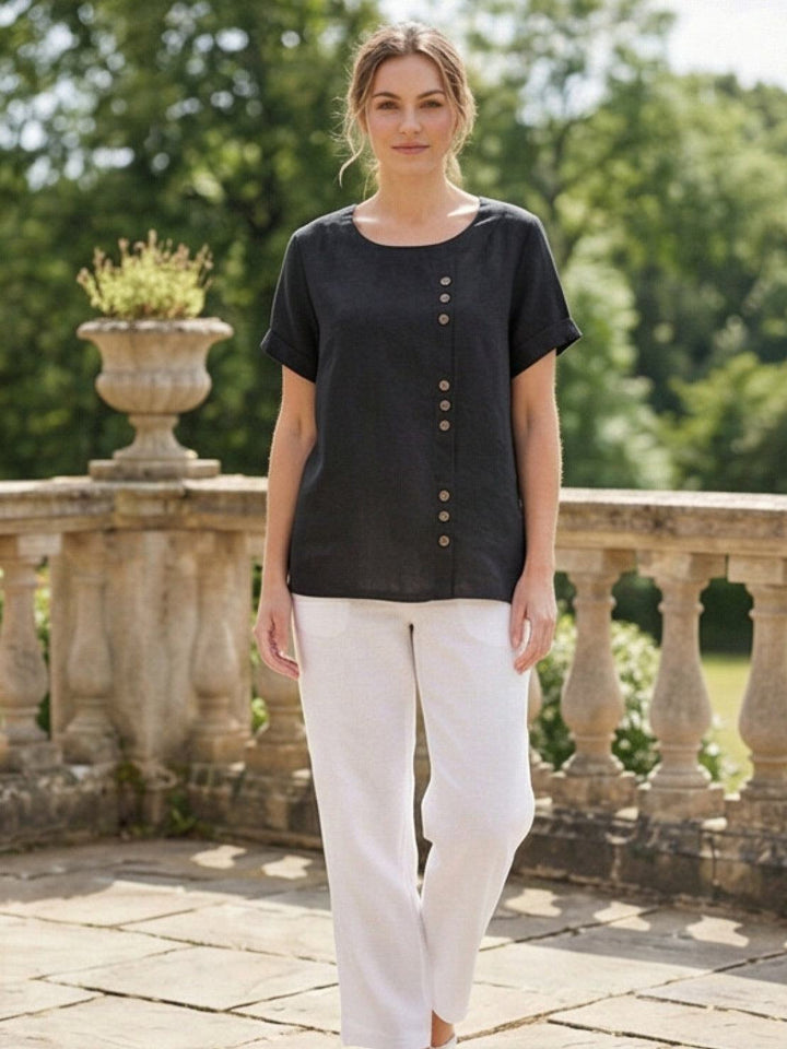 Fern | Damen bluse Kurzarm Rundhals Knopfdetail