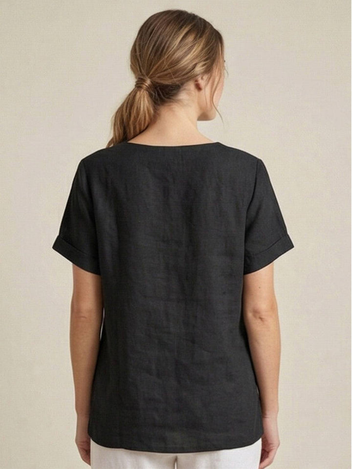 Fern | Damen bluse Kurzarm Rundhals Knopfdetail