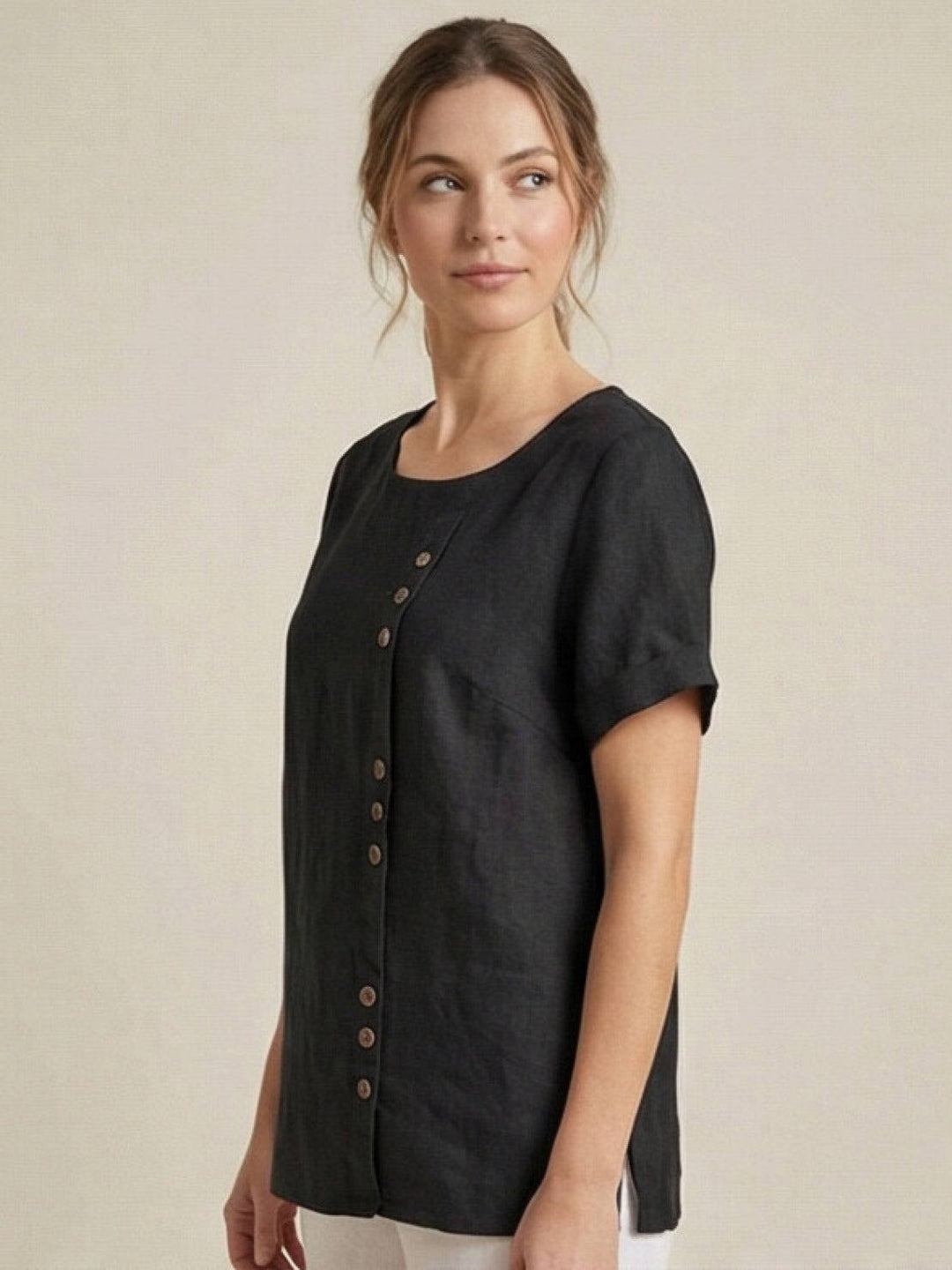 Fern | Damen bluse Kurzarm Rundhals Knopfdetail