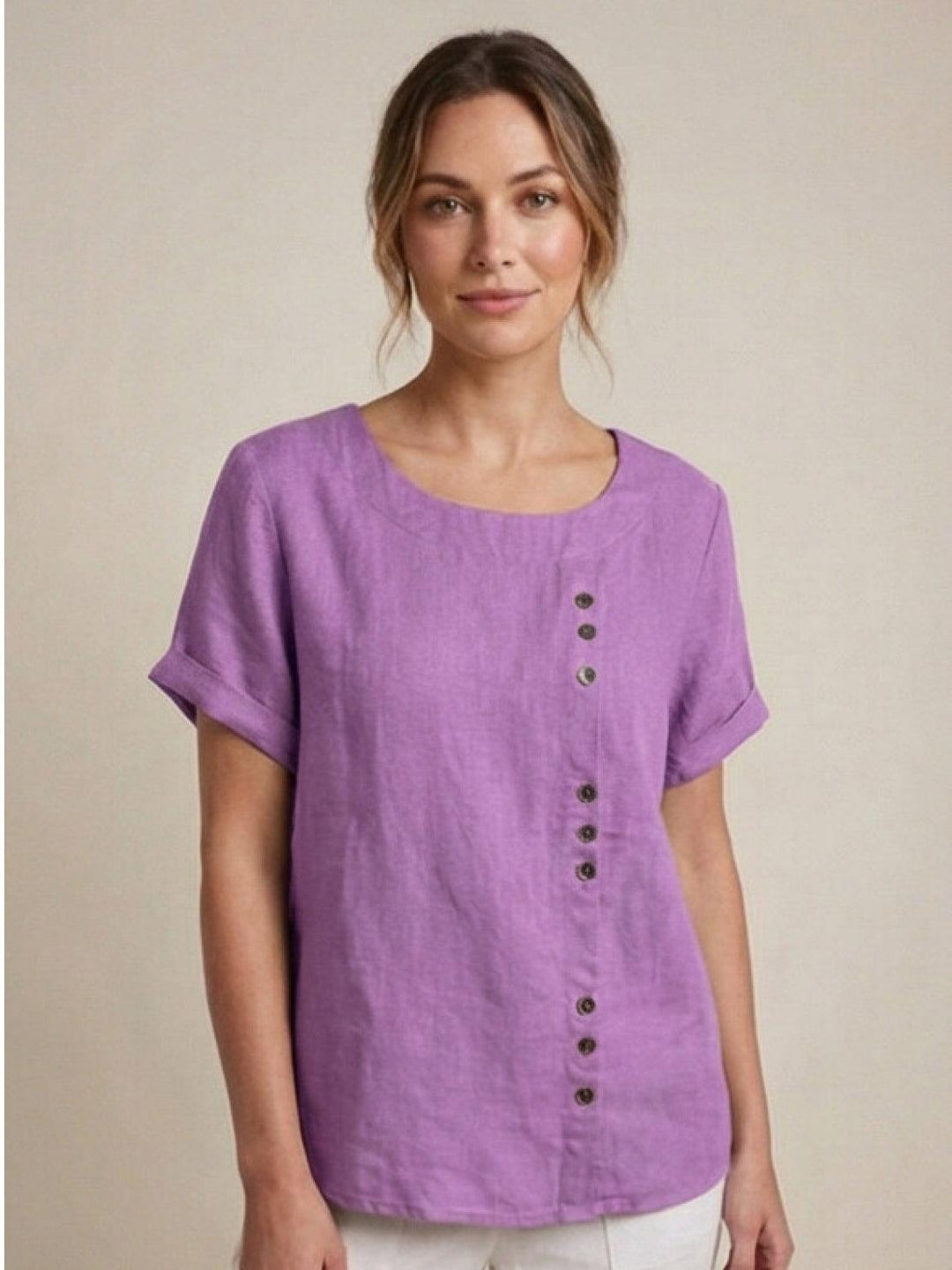 Fern | Damen bluse Kurzarm Rundhals Knopfdetail