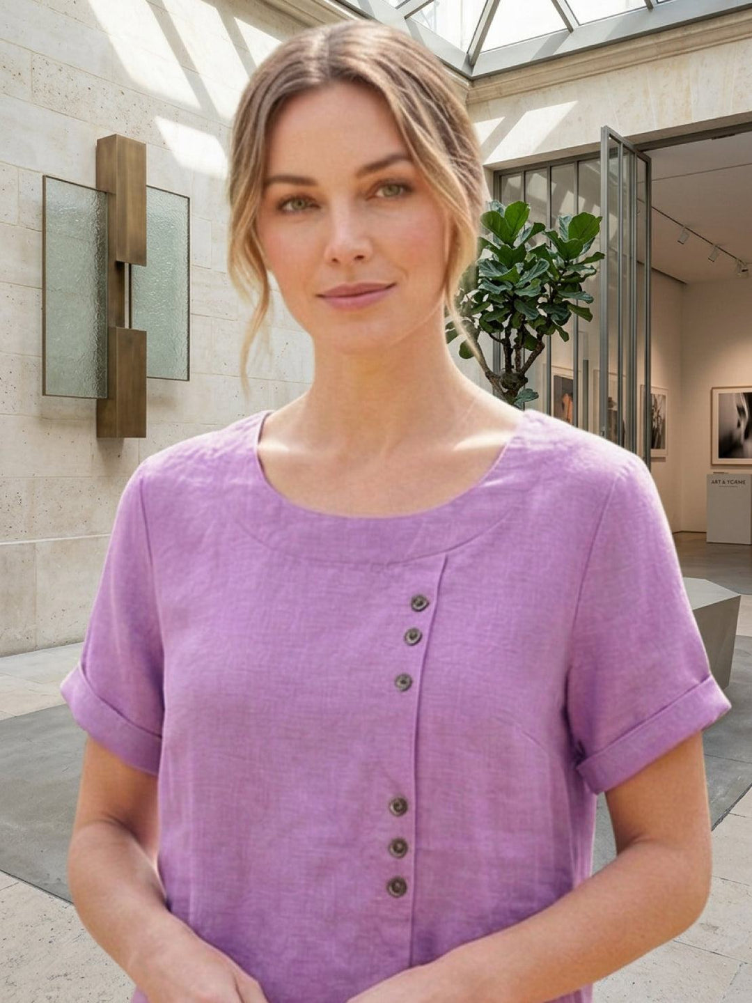 Fern | Damen bluse Kurzarm Rundhals Knopfdetail