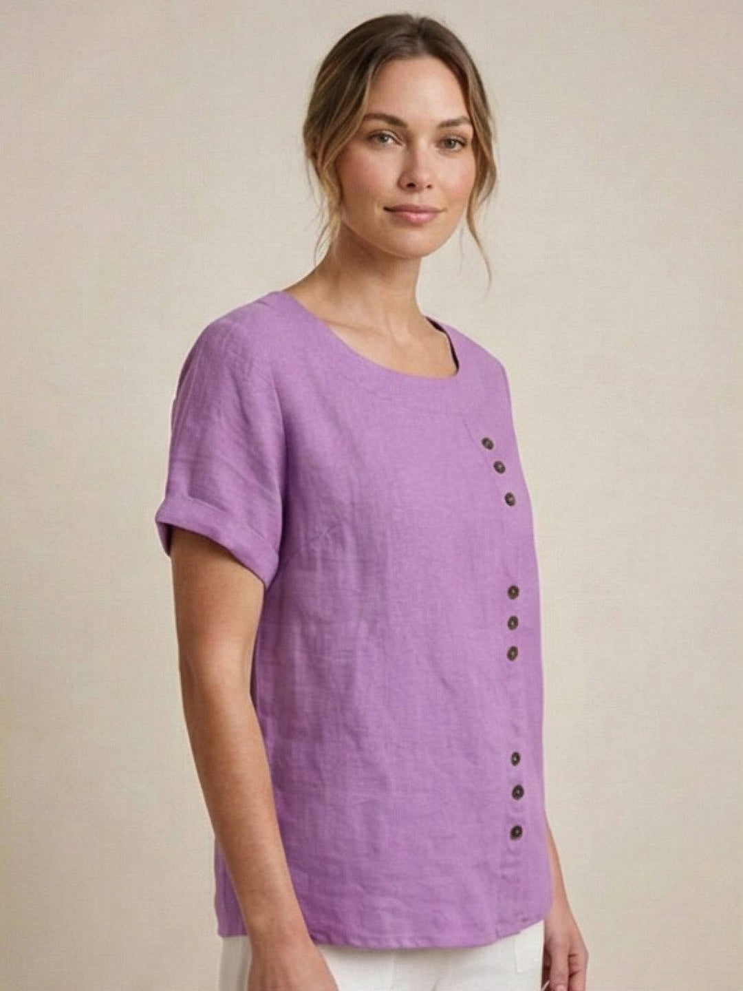 Fern | Damen bluse Kurzarm Rundhals Knopfdetail