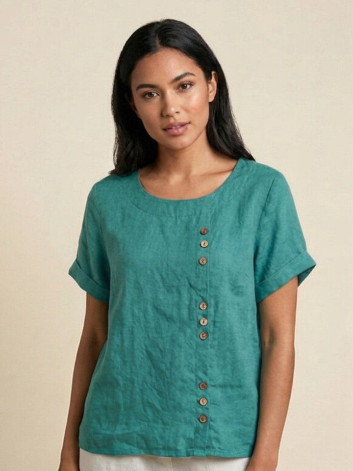 Fern | Damen bluse Kurzarm Rundhals Knopfdetail