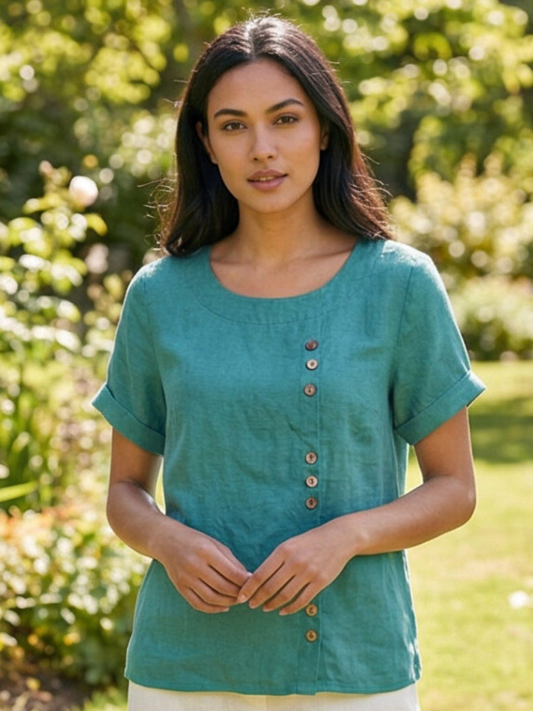 Fern | Damen bluse Kurzarm Rundhals Knopfdetail