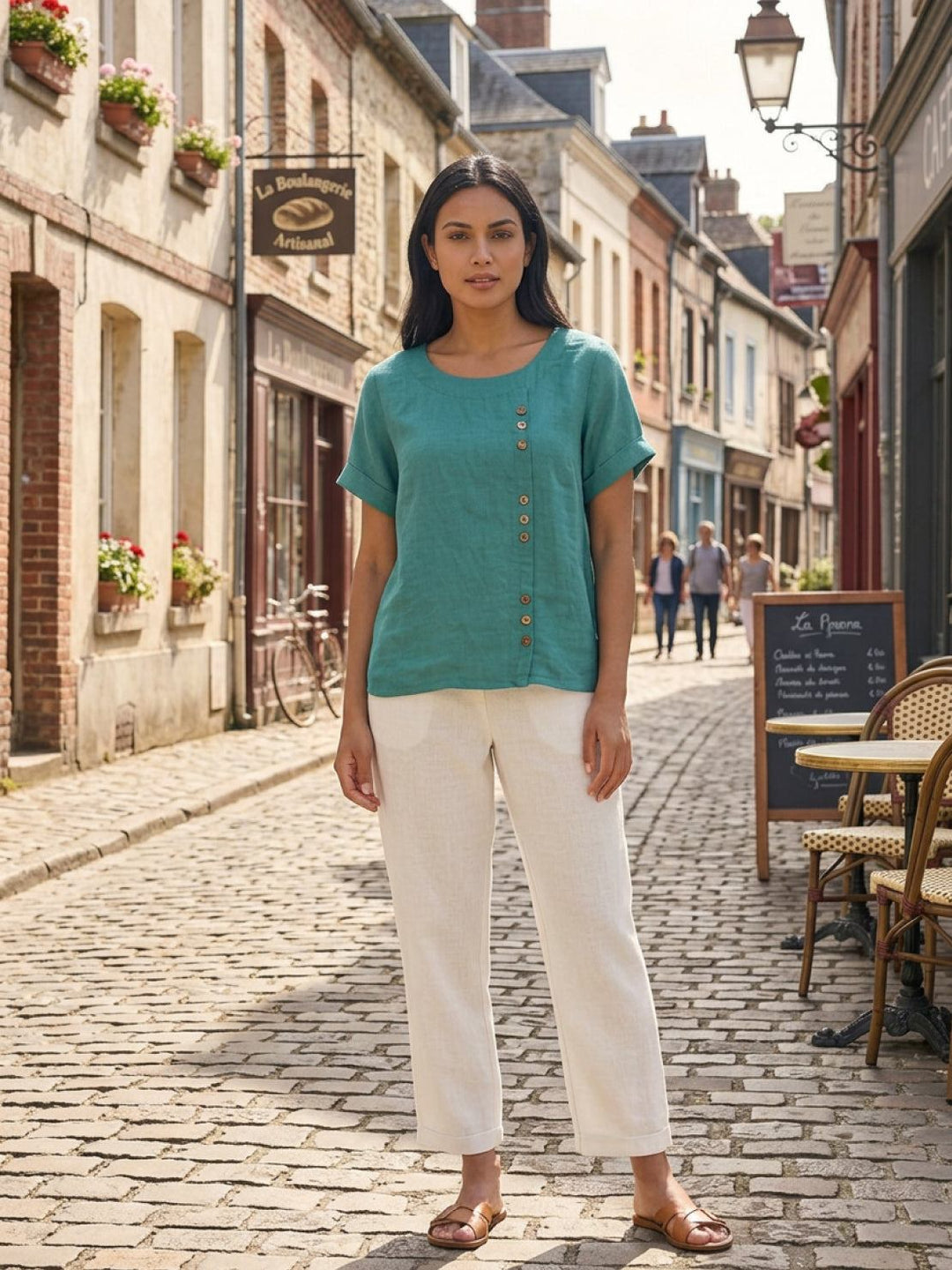 Fern | Damen bluse Kurzarm Rundhals Knopfdetail