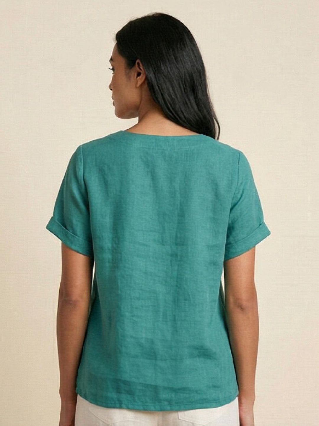Fern | Damen bluse Kurzarm Rundhals Knopfdetail