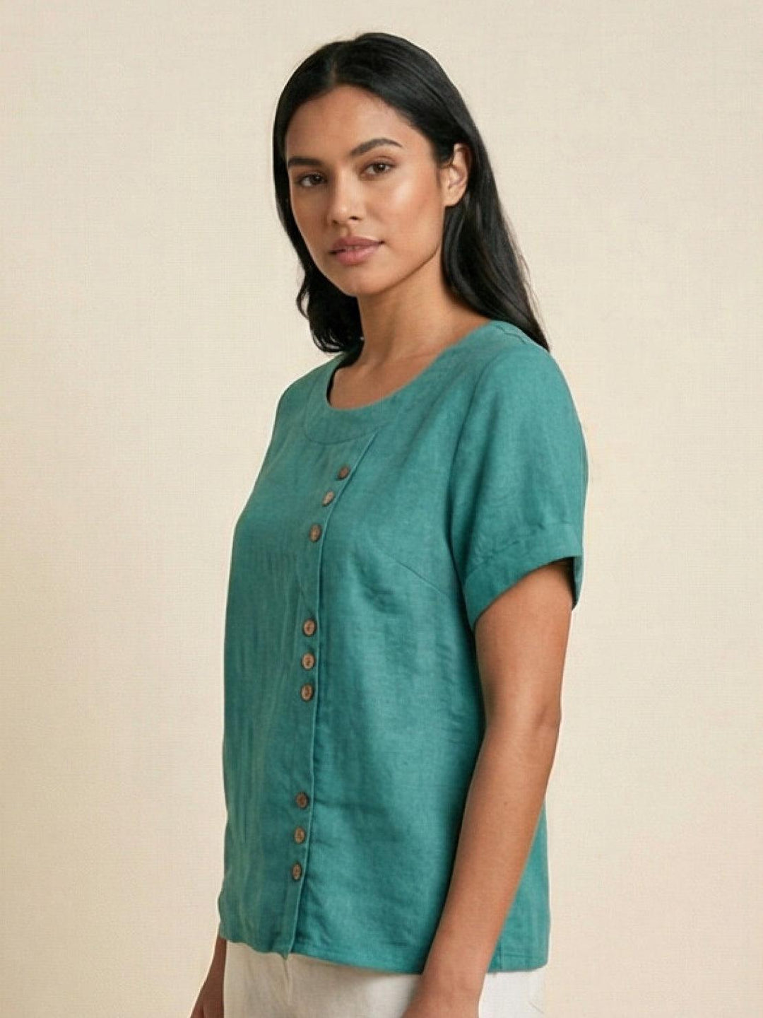 Fern | Damen bluse Kurzarm Rundhals Knopfdetail