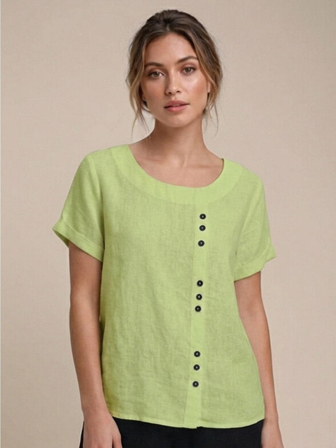 Fern | Damen bluse Kurzarm Rundhals Knopfdetail
