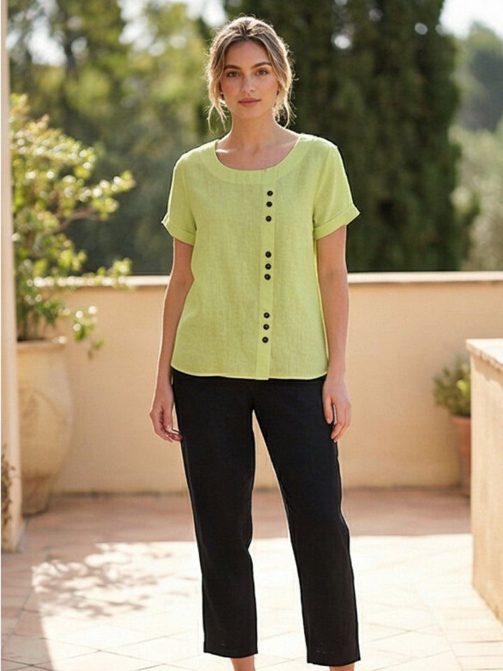 Fern | Damen bluse Kurzarm Rundhals Knopfdetail