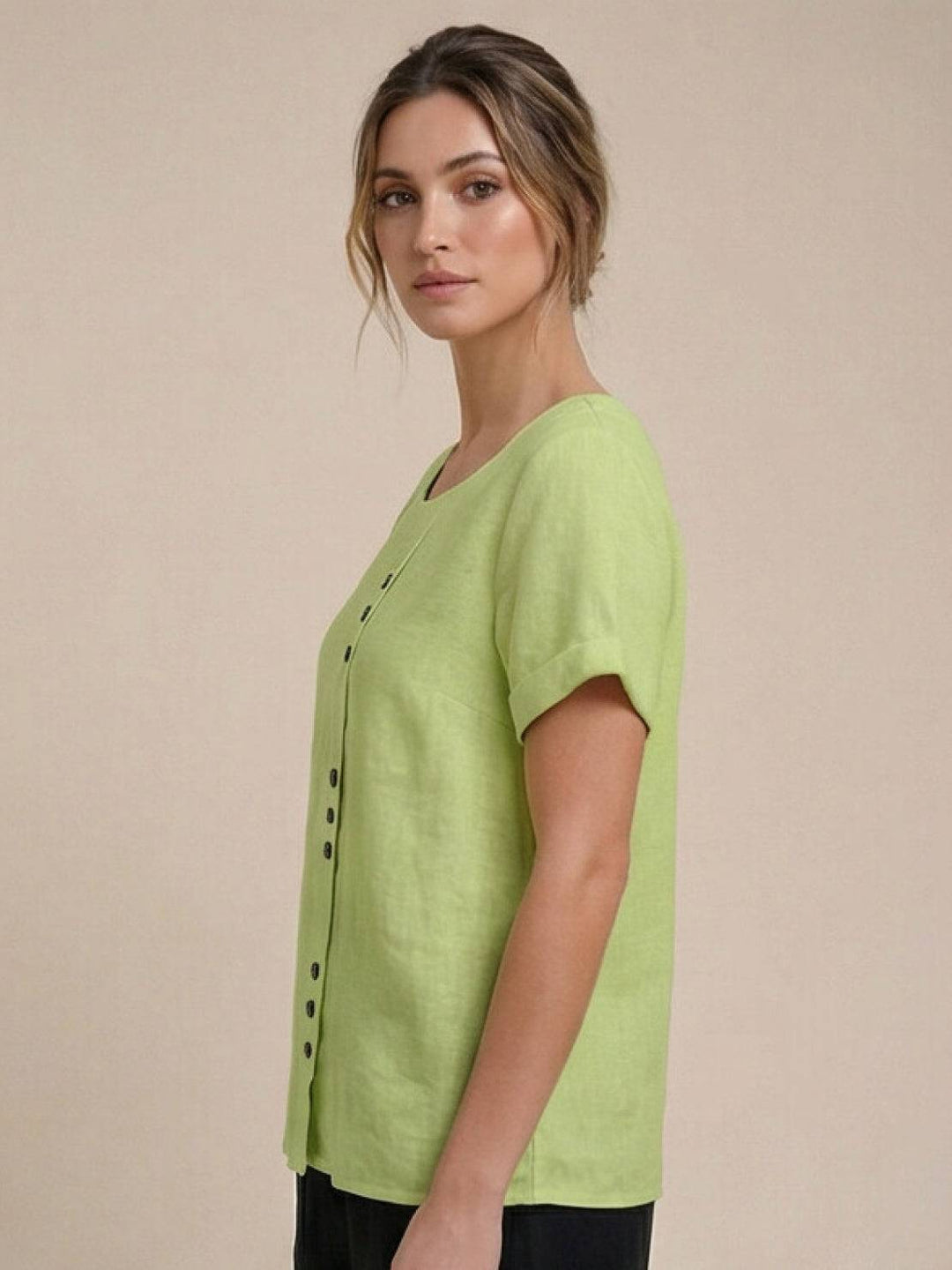 Fern | Damen bluse Kurzarm Rundhals Knopfdetail