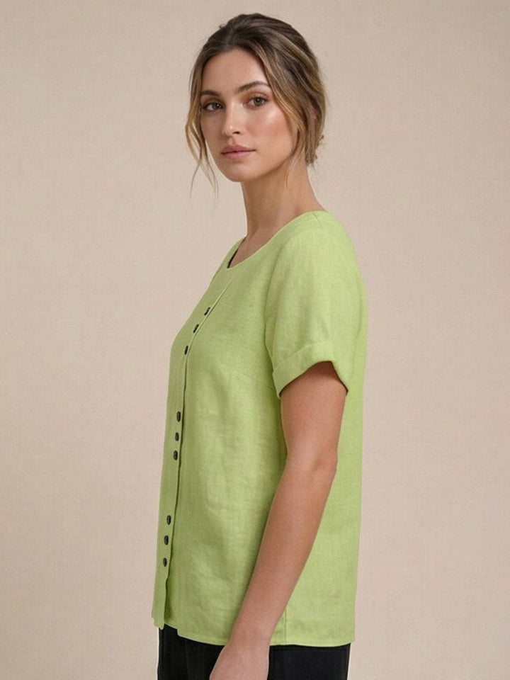 Fern | Damen bluse Kurzarm Rundhals Knopfdetail