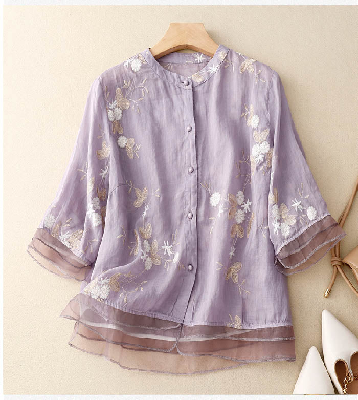 Floriane | Damen Bluse Blumenstickerei Rundhals Chiffon