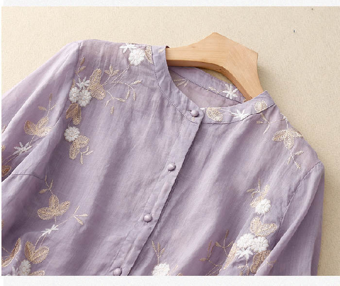 Floriane | Damen Bluse Blumenstickerei Rundhals Chiffon