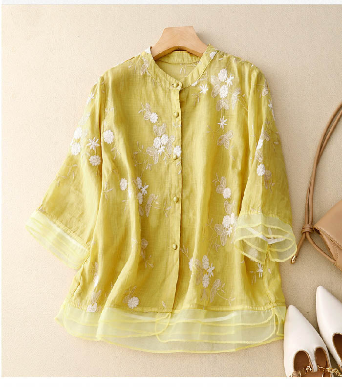 Floriane | Damen Bluse Blumenstickerei Rundhals Chiffon