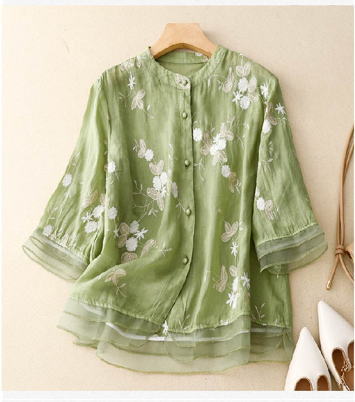 Floriane | Damen Bluse Blumenstickerei Rundhals Chiffon