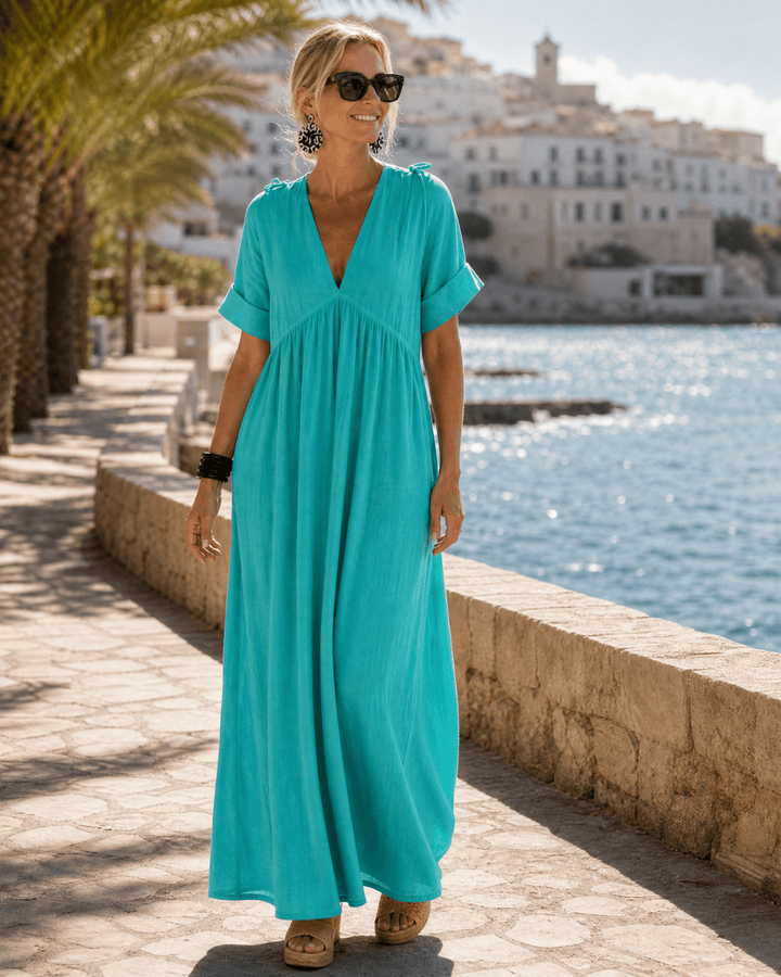 Zomla  | Gewebtes V-Ausschnitt Kurzarm Fließendes Midi Kleid
