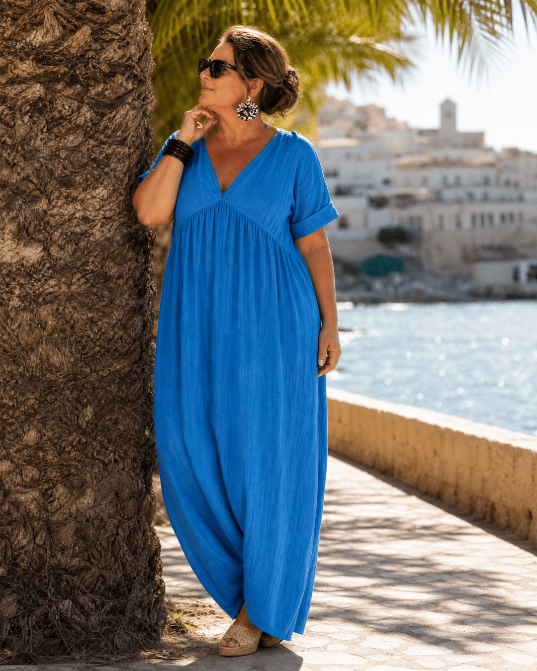 Zomla  | Gewebtes V-Ausschnitt Kurzarm Fließendes Midi Kleid